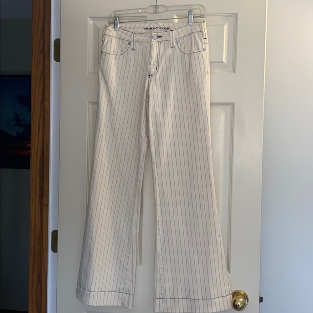 Pure color flare leg striped denim jeans